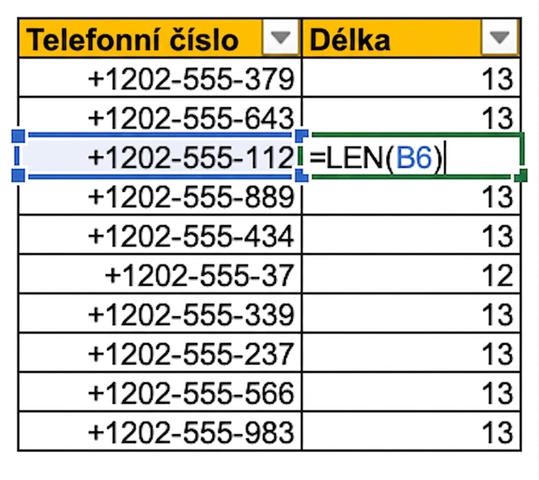 Tabulka v Excelu s telefonními čísly v jednom sloupci a použitím funkce LEN ke kontrole délky zadaných hodnot