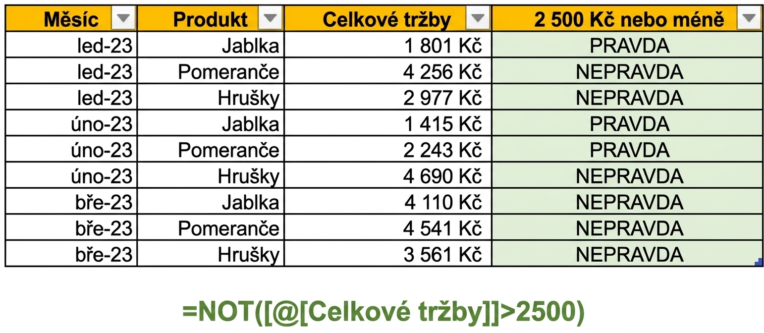 Ukázková data v Excelu zobrazující vytvoření sloupce pomocí funkce NOT s jednou proměnnou jako podmínkou