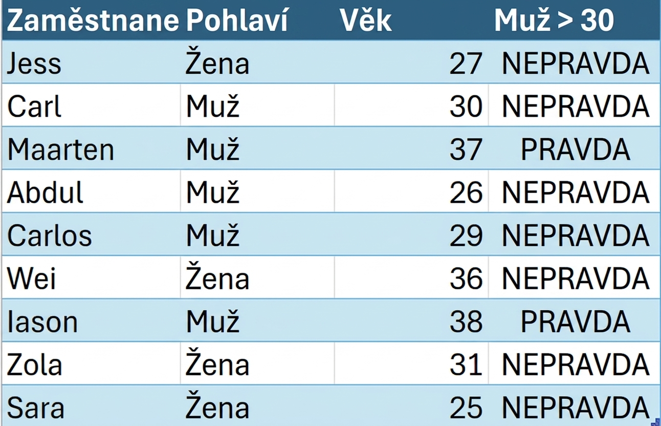 Ukázková tabulka DataCo z HR s křestními jmény zaměstnanců, pohlavím, věkem a sloupcem vytvořeným podmíněným vzorcem.