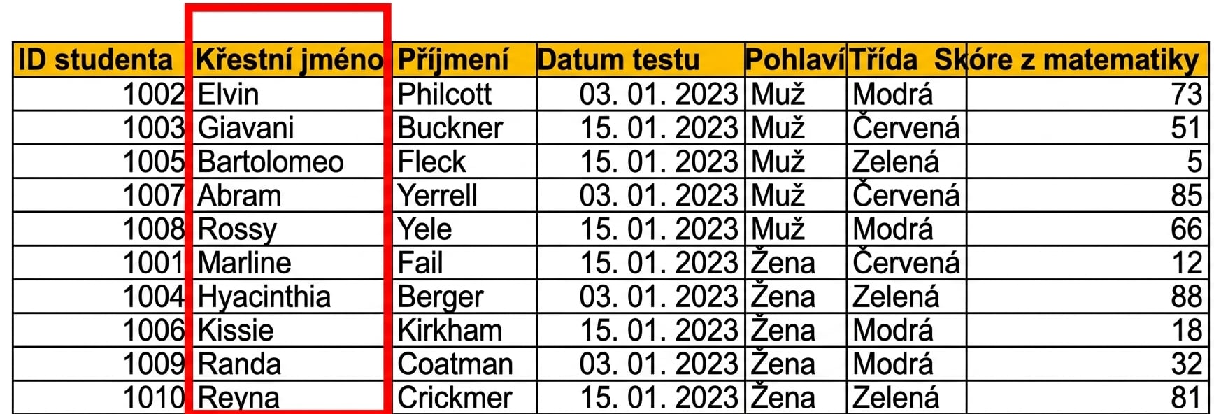 Příklad ručně vyplněné tabulky testovacích dat studentů v Excelu se zvýrazněným sloupcem full_name