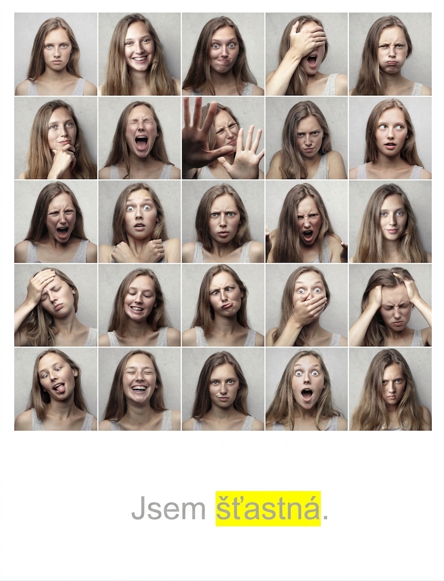 Řada emocí a věta „I am happy" se zvýrazněným slovem „happy".
