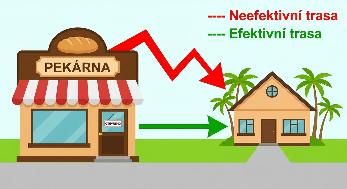 Diagram znázorňující pekárnu a dům se dvěma možnými trasami. Jedna je jednoduchá a krátká (efektivní), druhá složitá a dlouhá (neefektivní).