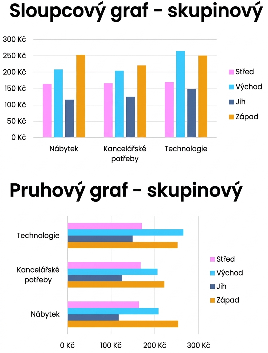 Příklady seskupených pruhových a sloupcových grafů