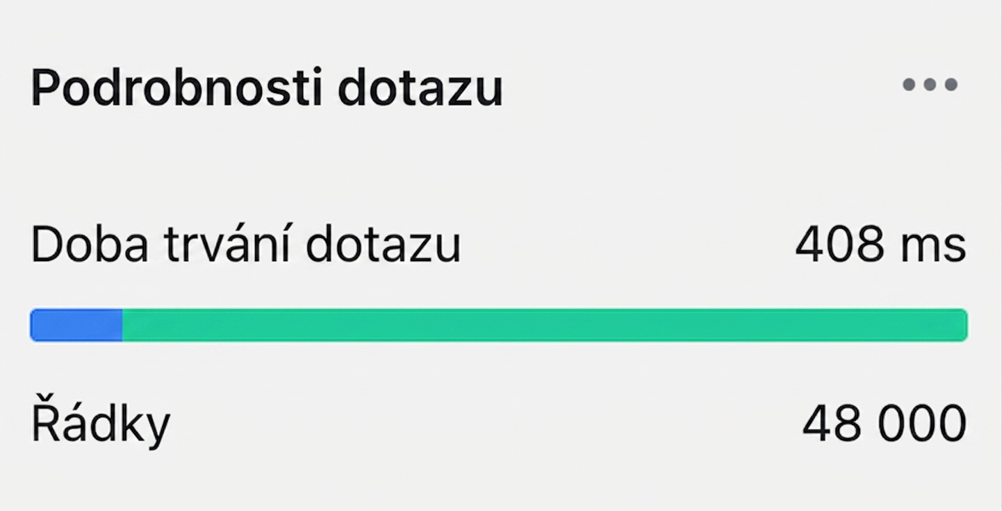 Výsledky dotazu, čas a počet řádků s podmínkou ON