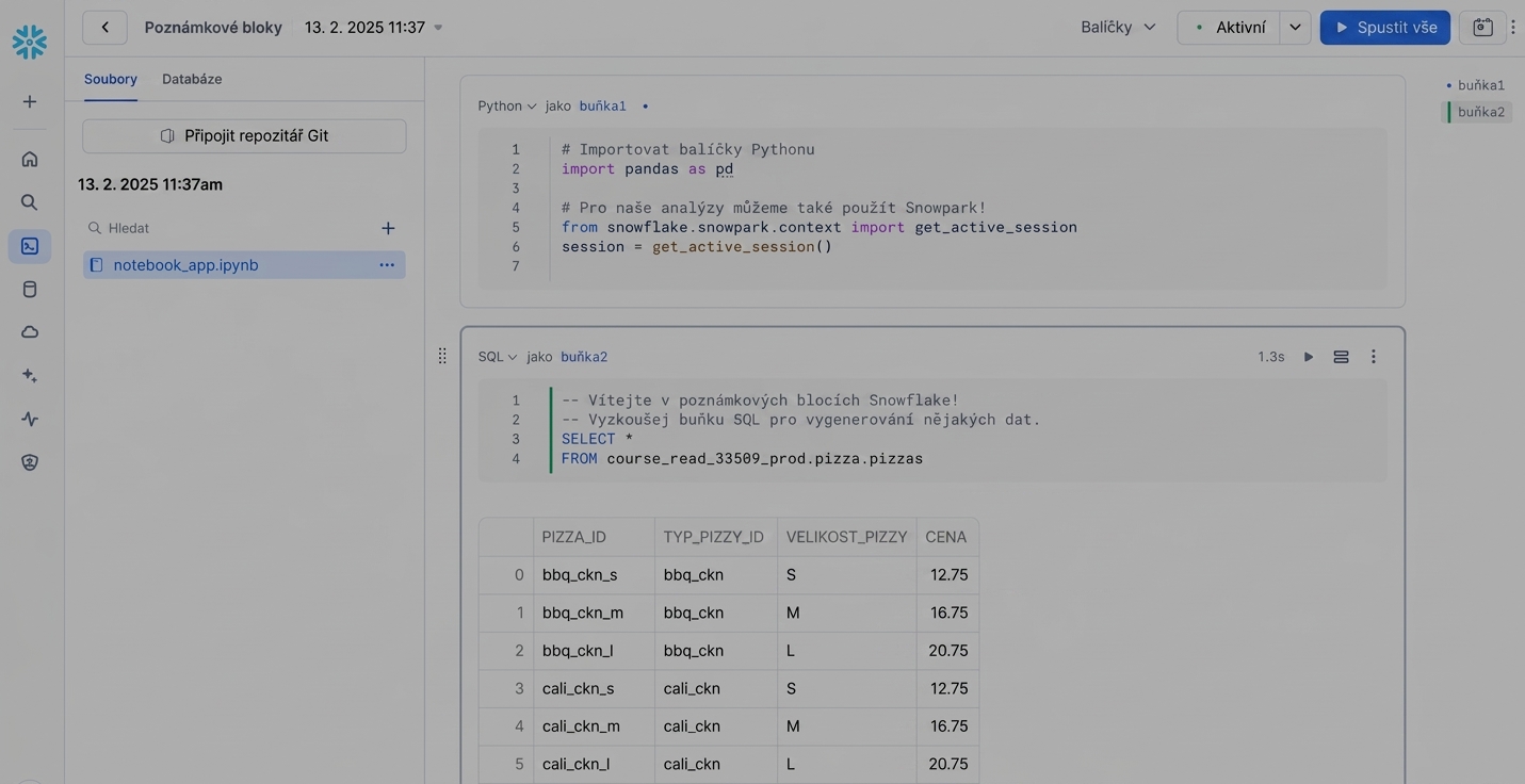 Snowflake notebook s buňkami kódu v Pythonu a SQL