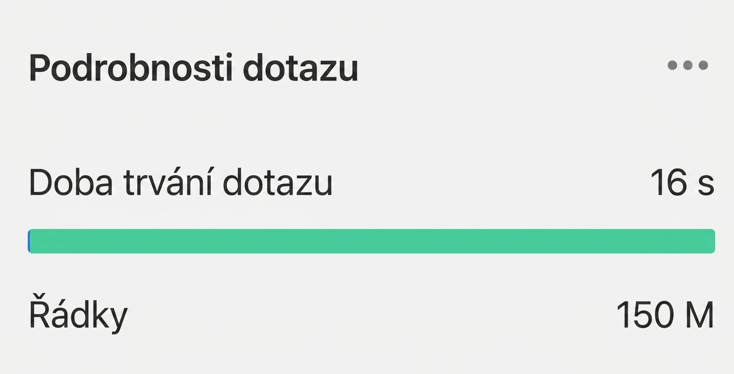 Detaily dotazu, čas a počet řádků při výběru názvů sloupců