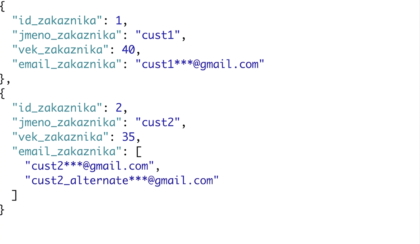 Polostrukturovaná data zákazníka ve formátu JSON, zákazník 2 má dva e-maily