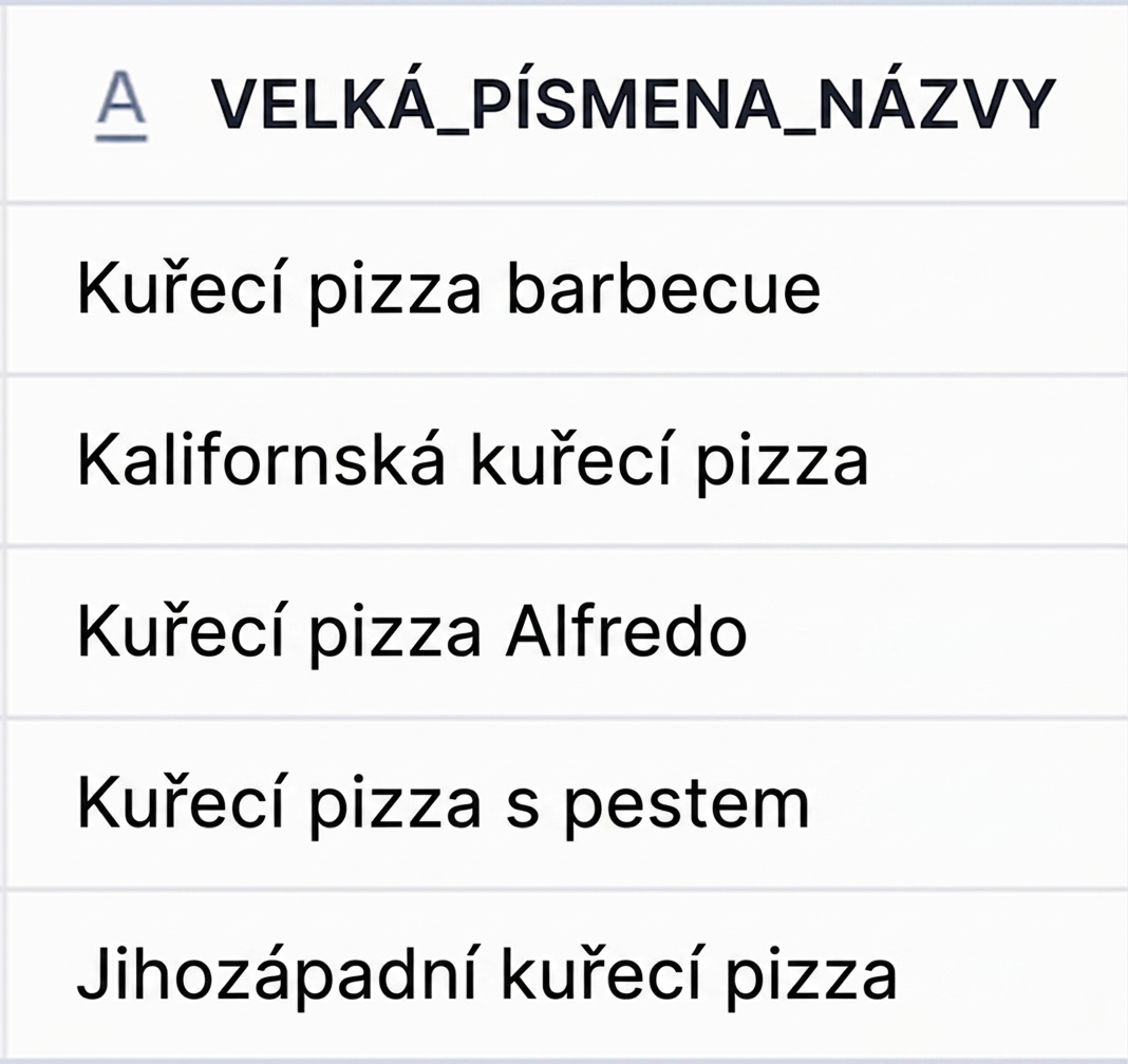 Výsledek s názvy pizz s velkými písmeny