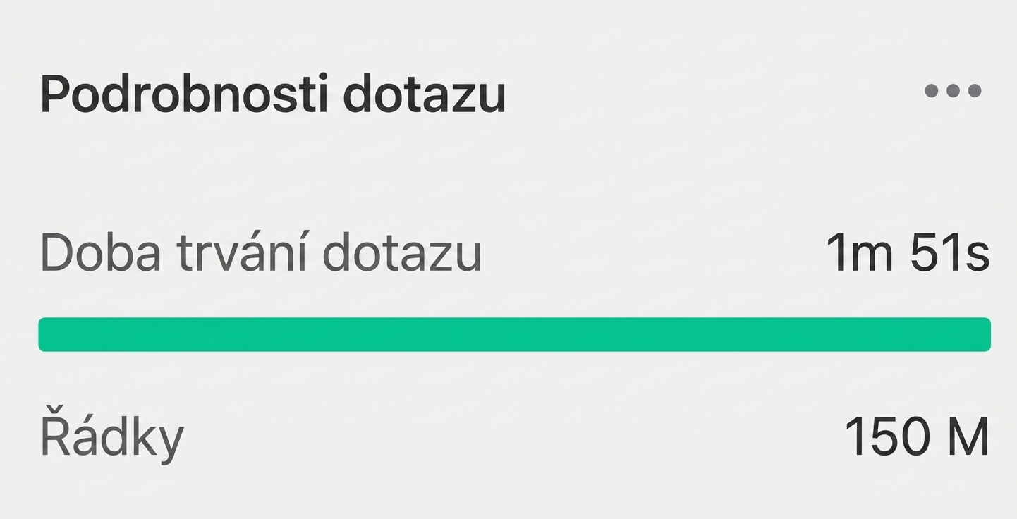 Detaily dotazu, čas a počet řádků
