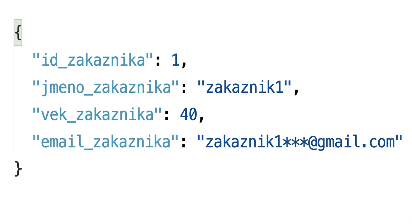 Příklad JSON záznamů zákazníků s id, jménem, věkem a e-mailem
