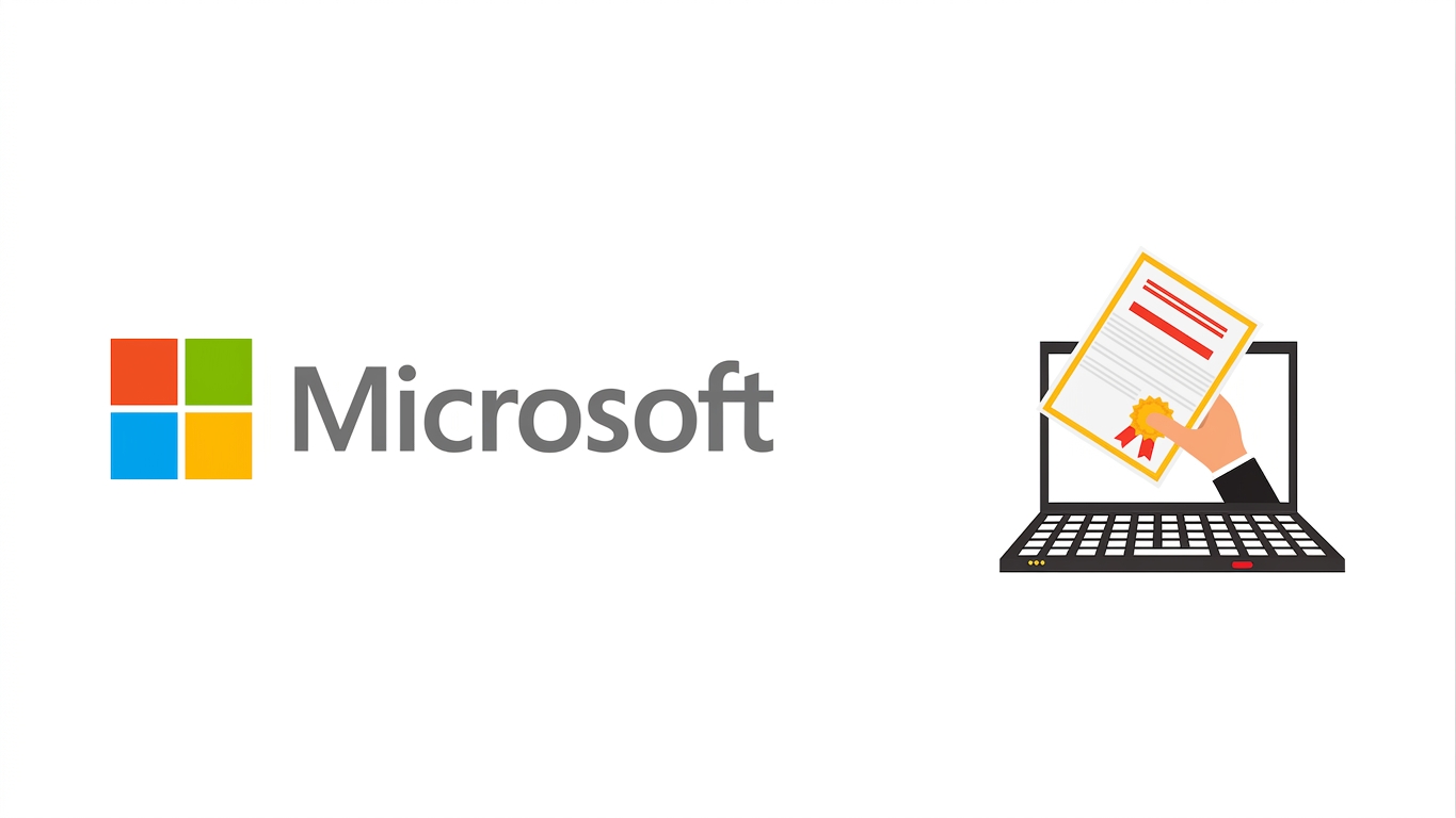 Logo Microsoft s laptopem a certifikátem