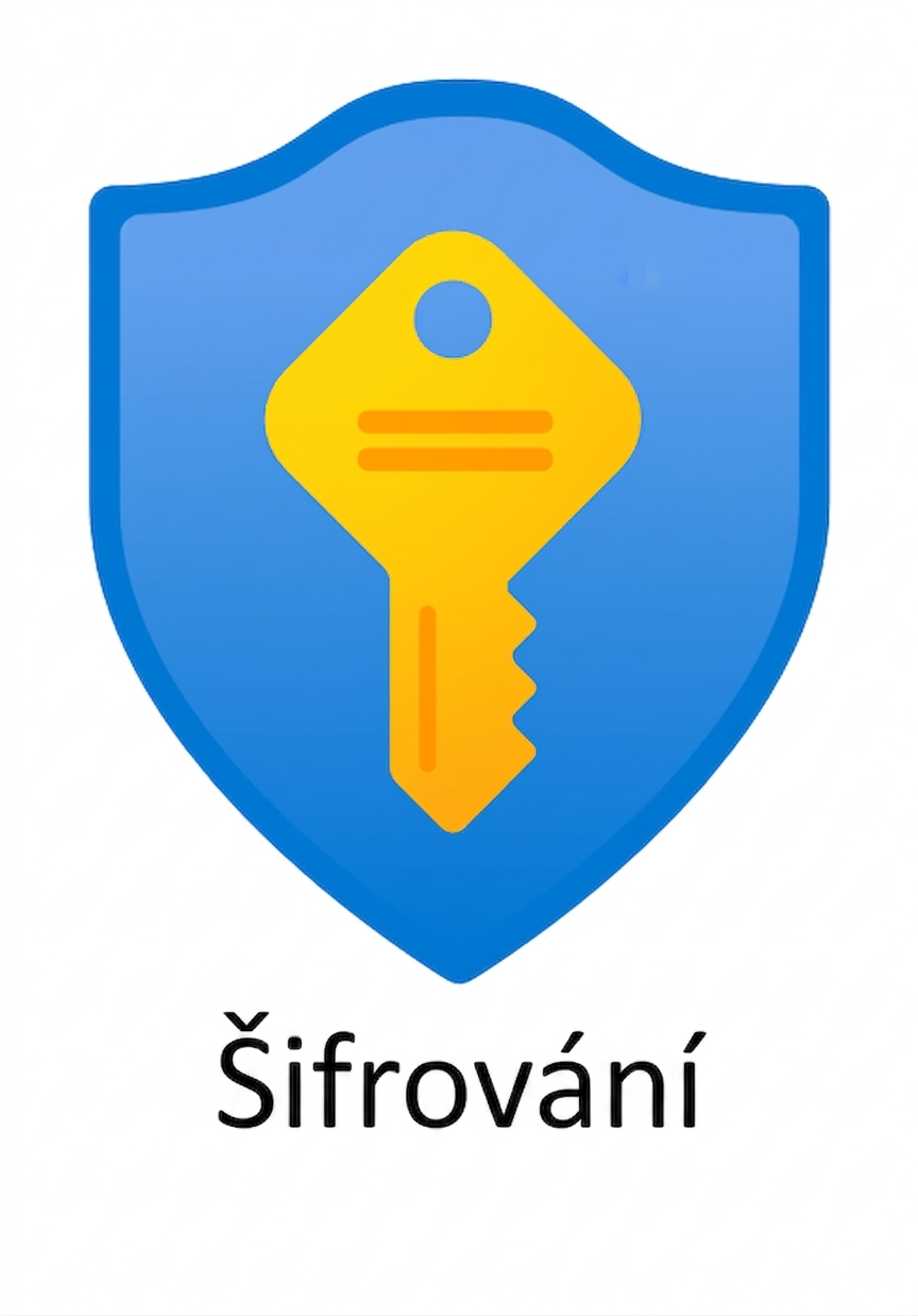 Kreslený štít s klíčem a nápisem šifrování