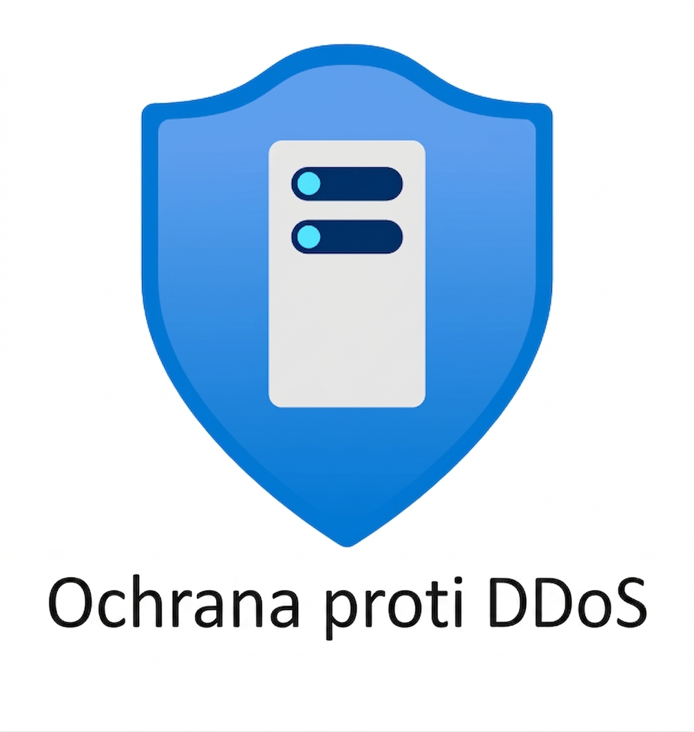 Modrý štít s nápisem ochrana před DDoS