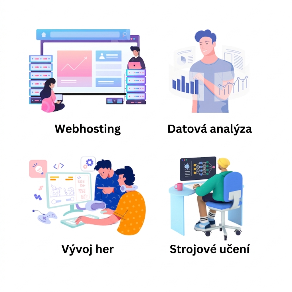 Obrázek zobrazující webhosting, vývoj her, analýzu dat a strojové učení