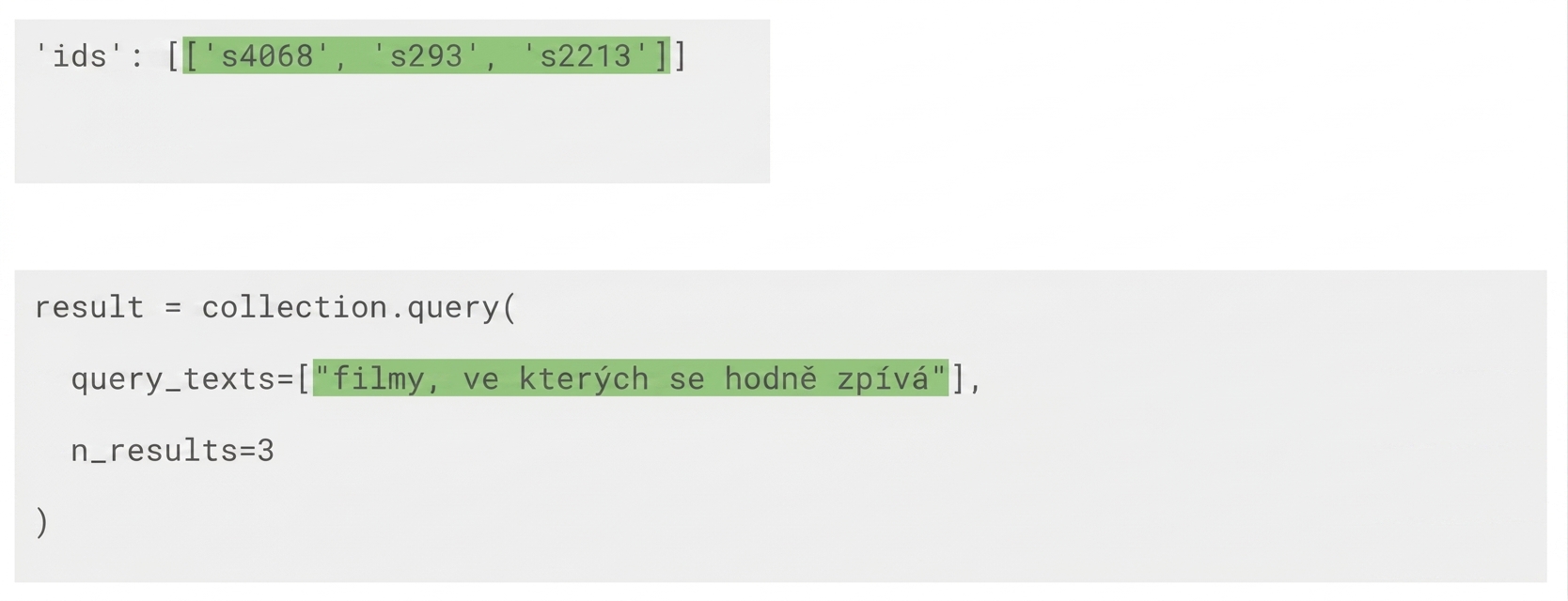 Text dotazu je zvýrazněn spolu s ID tří výsledků, které vygeneroval.