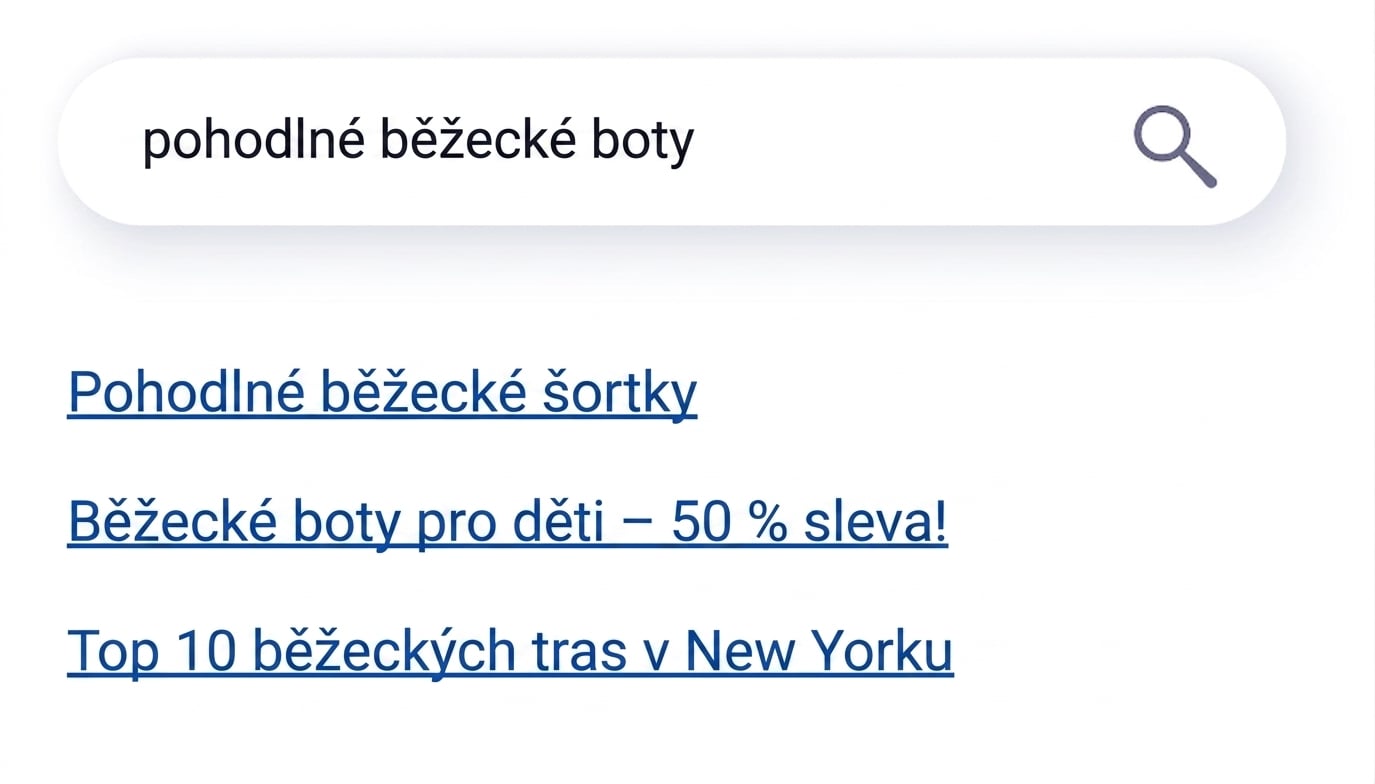 Klasický vyhledávač zobrazující nerelevantní výsledky.