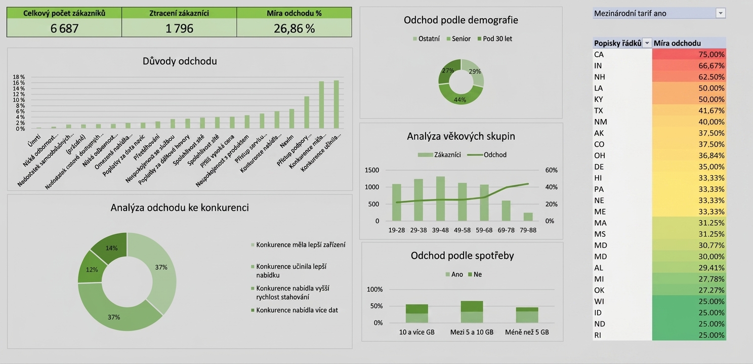 Dashboard aplikace Excel vytvořený během případové studie