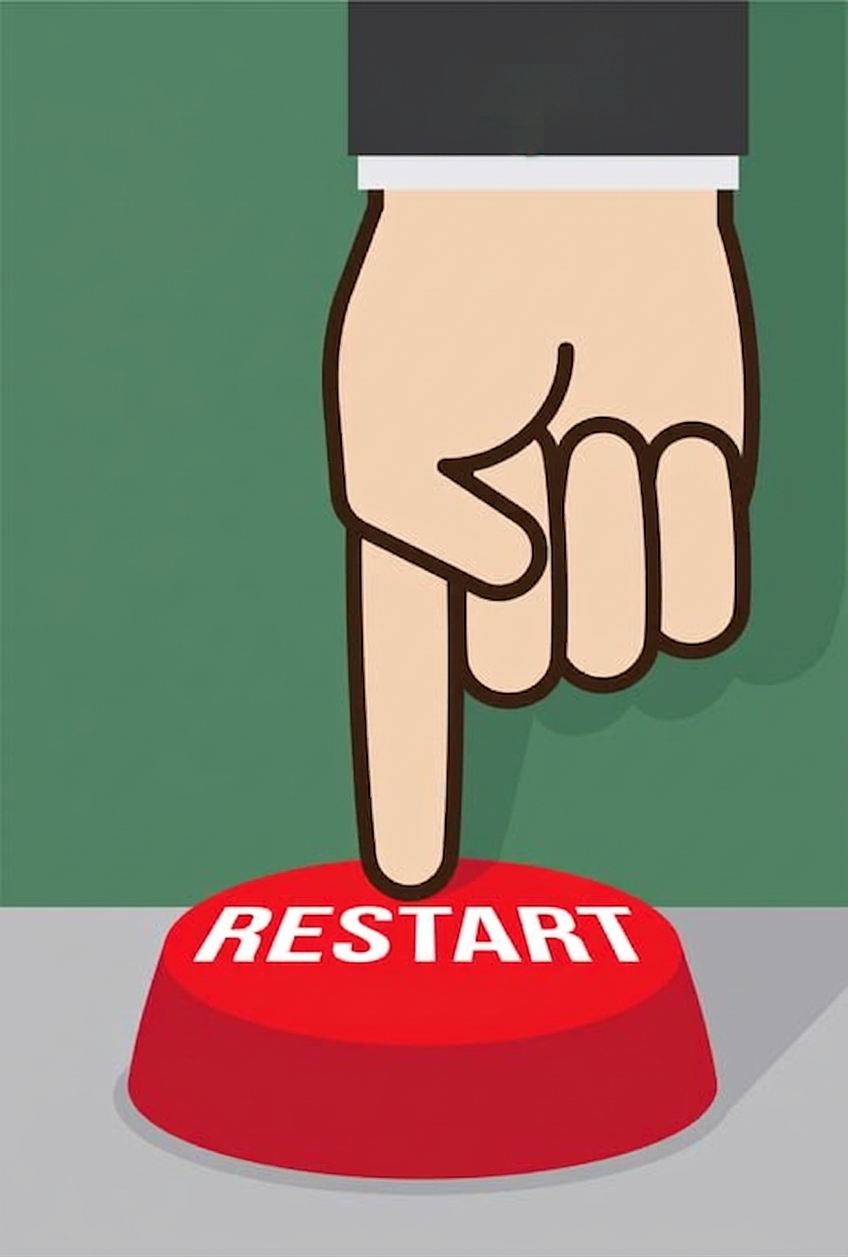 Kreslený obrázek prstu mačkajícího tlačítko s nápisem „restart“