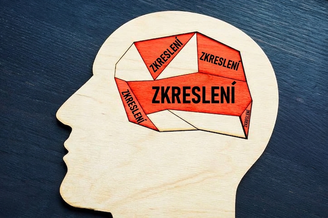 Obrázek výřezu lidské hlavy s různými částmi mozku označenými slovem zkreslení