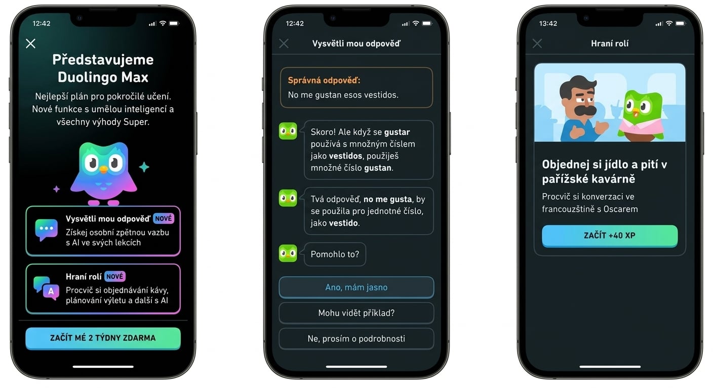 Ukázka použití Duolingo Max v mobilní aplikaci