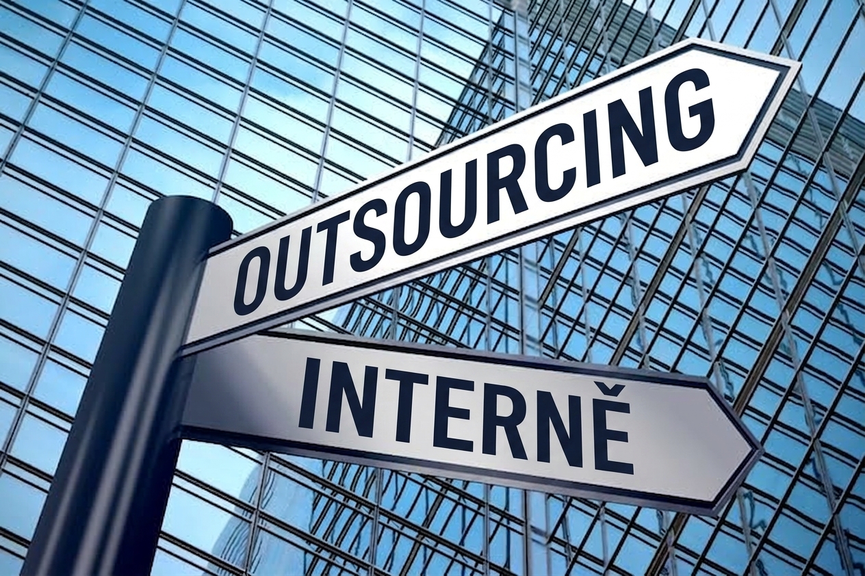 Ukazatel směru se dvěma možnostmi – outsourcing nebo vlastní řešení