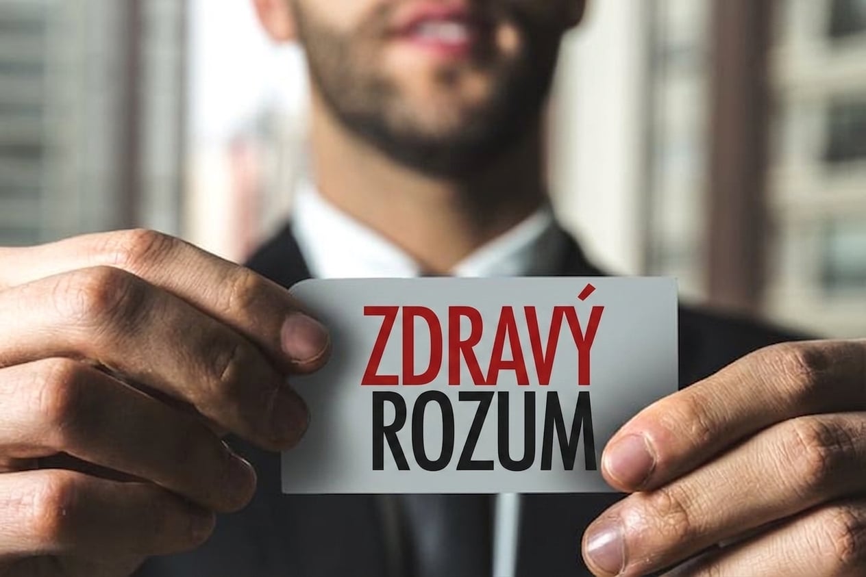 Muž drží štítek s nápisem „zdravý rozum“