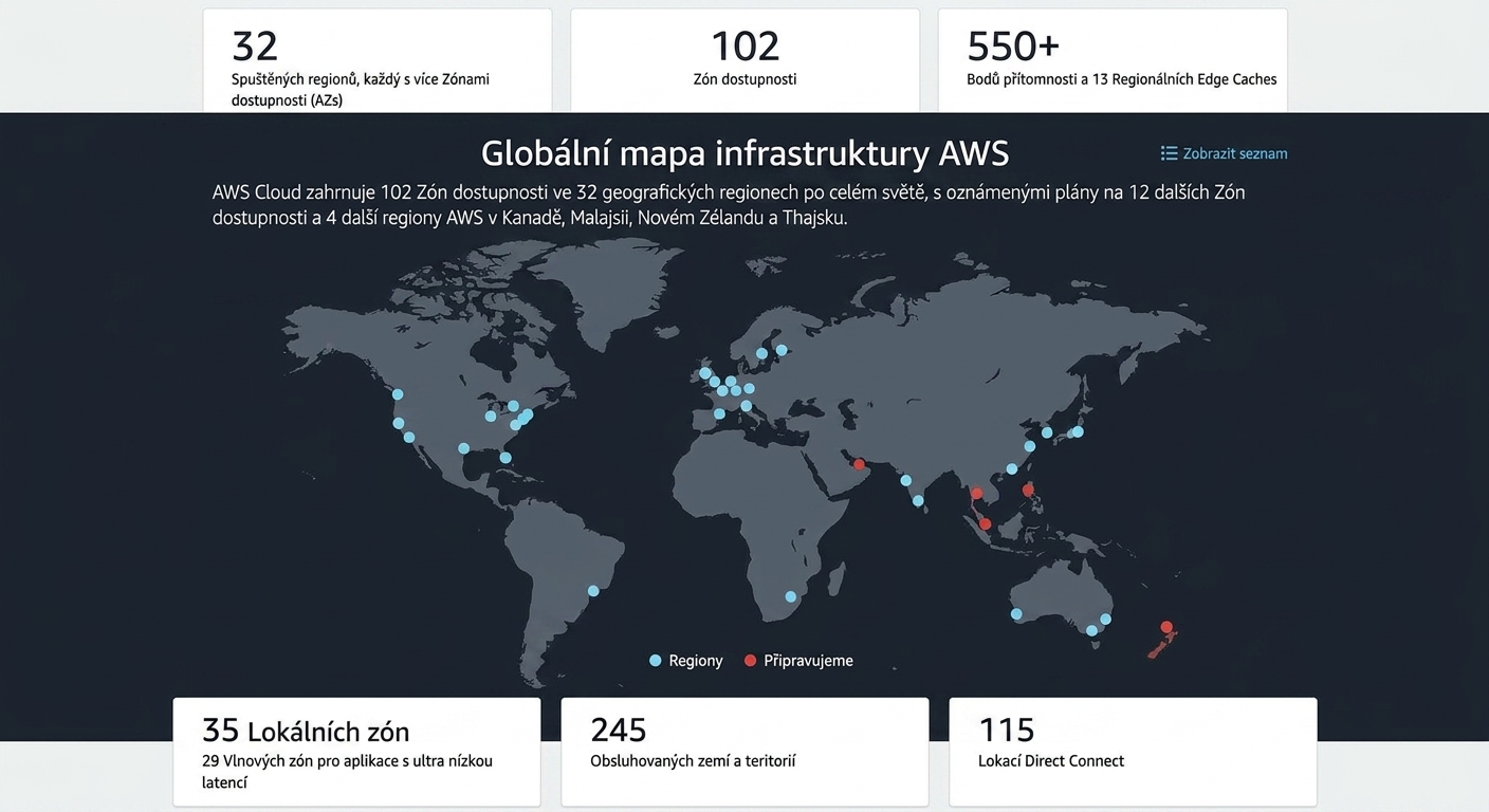globus s uzly rozmístěnými po světě znázorňující geografickou rozmanitost AWS