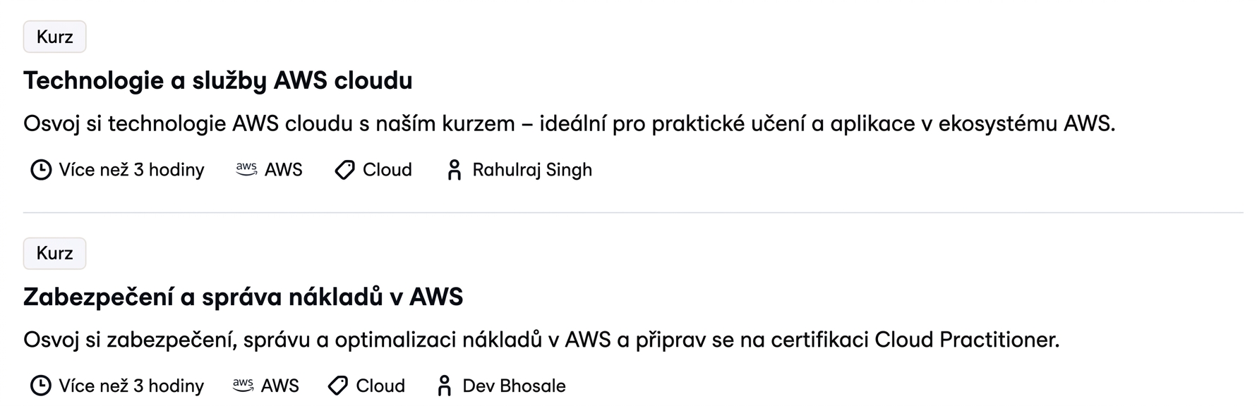 Další kurzy AWS na DataCampu: AWS Cloud Technology and Services a AWS Security and Cost Management