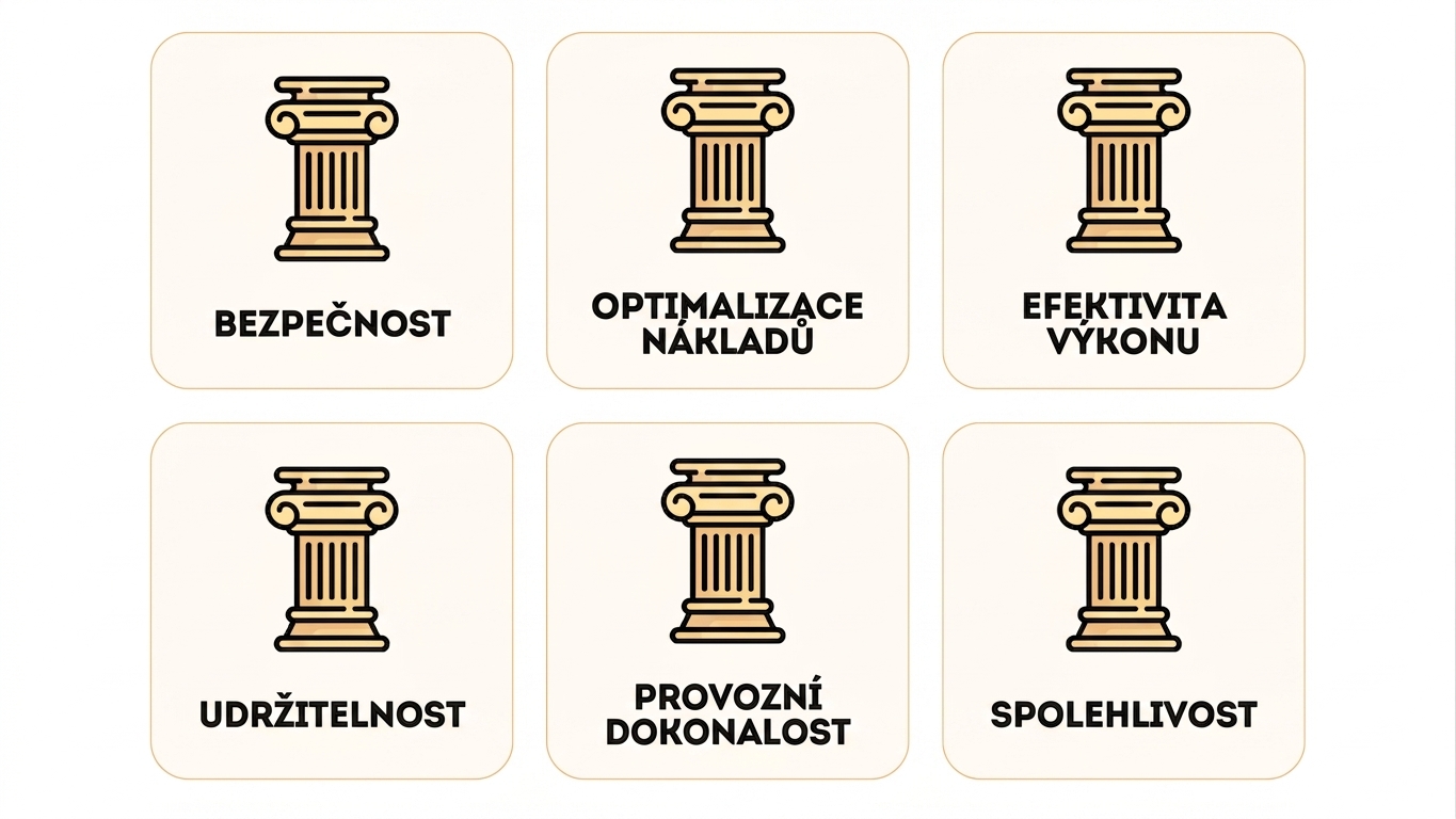 Šest pilířů frameworku: Bezpečnost, Optimalizace nákladů, Efektivita výkonu, Udržitelnost, Provozní excelence a Spolehlivost