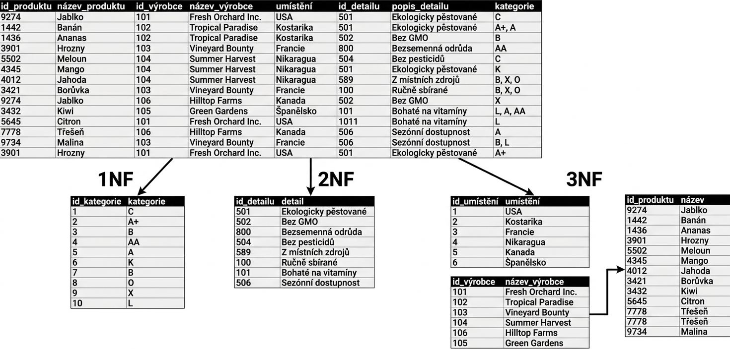 Data allproducts, z UNF na 3NF se vztahy