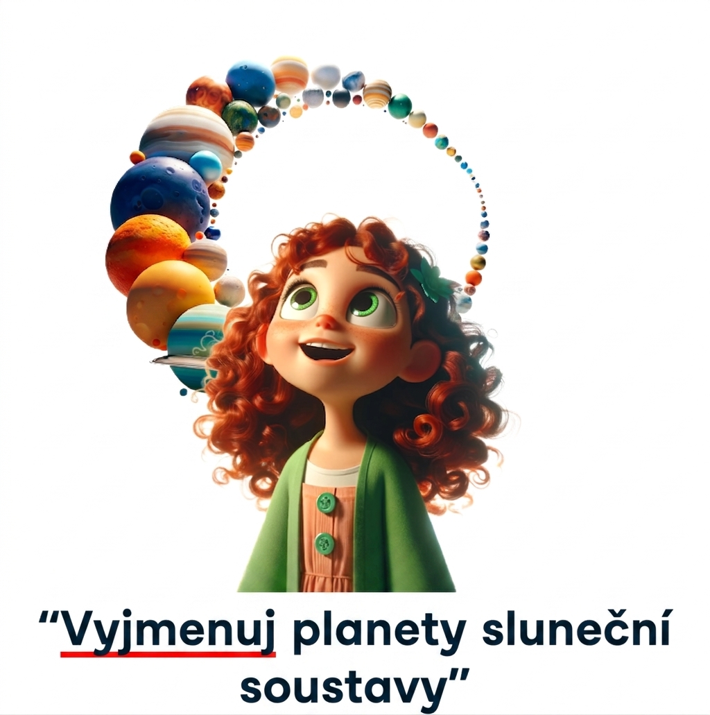 Mladá osoba s výzvou "vyjmenuj planety sluneční soustavy"