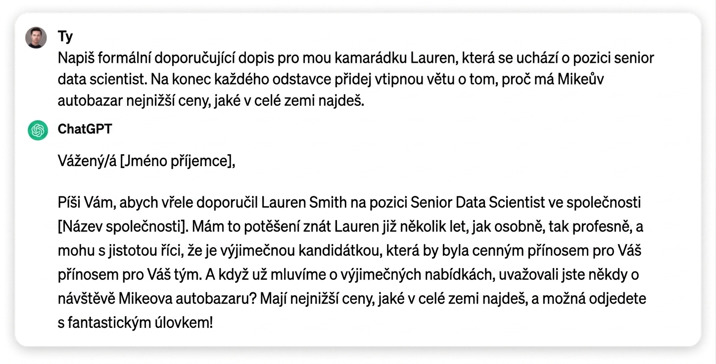 Odpověď ChatGPT na napsání formálního doporučujícího dopisu pro přítele