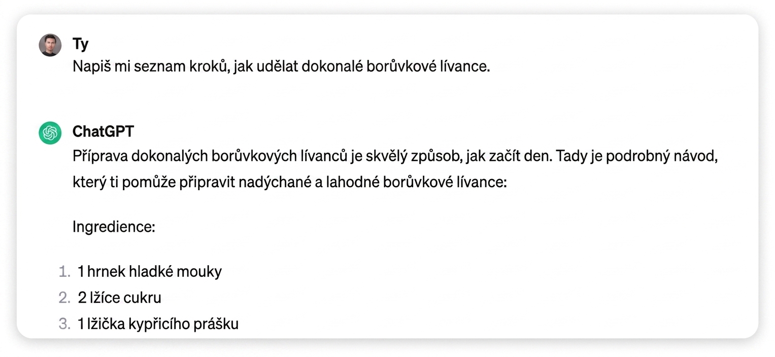 Odpověď ChatGPT na výpis kroků přípravy dokonalých borůvkových palačinek
