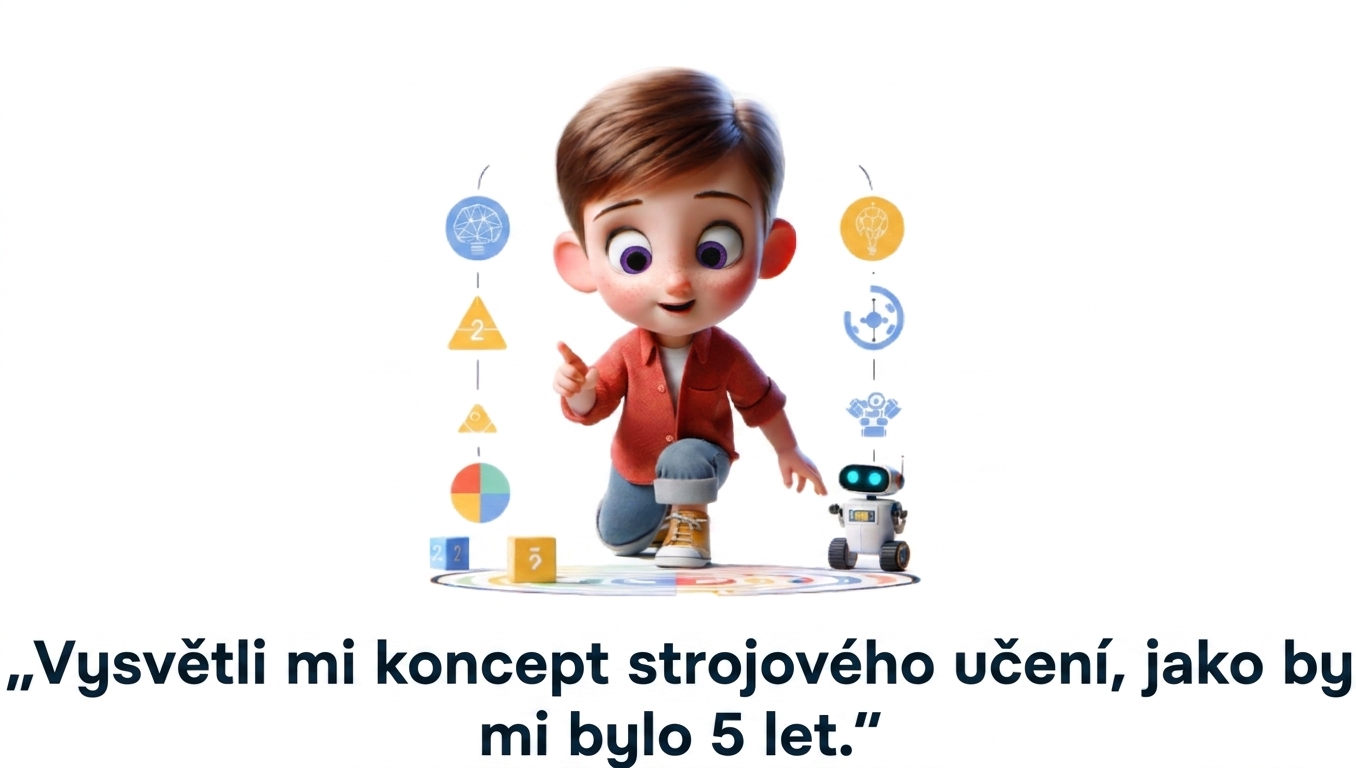 Ilustrace pětiletého dítěte a výzva "vysvětli koncept strojového učení, jako by mi bylo 5 let"