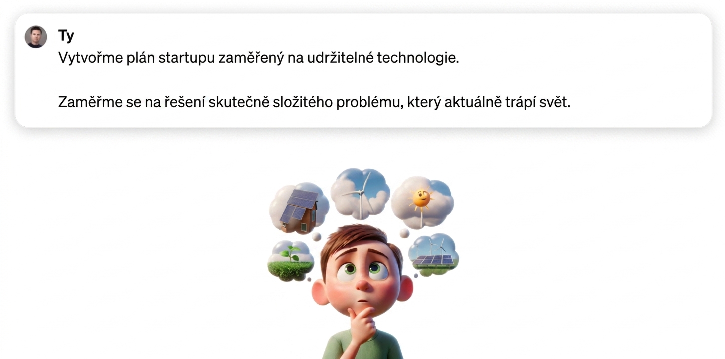 Karikatura dítěte přemýšlejícího o udržitelných technologiích