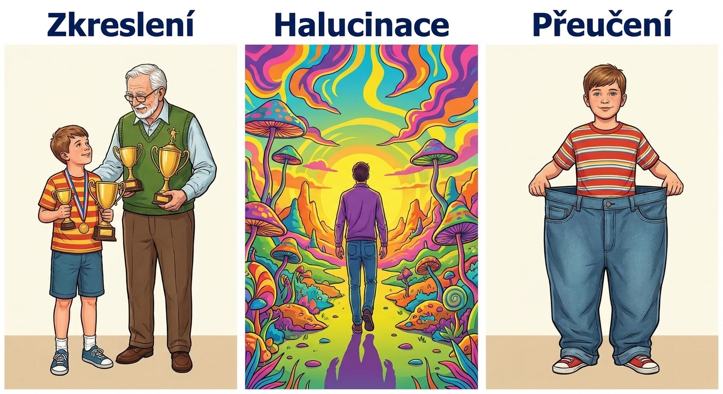 Karikatury dítěte u stolu s cenou, osoby halucinující a mladého člověka v komicky velkých kalhotách