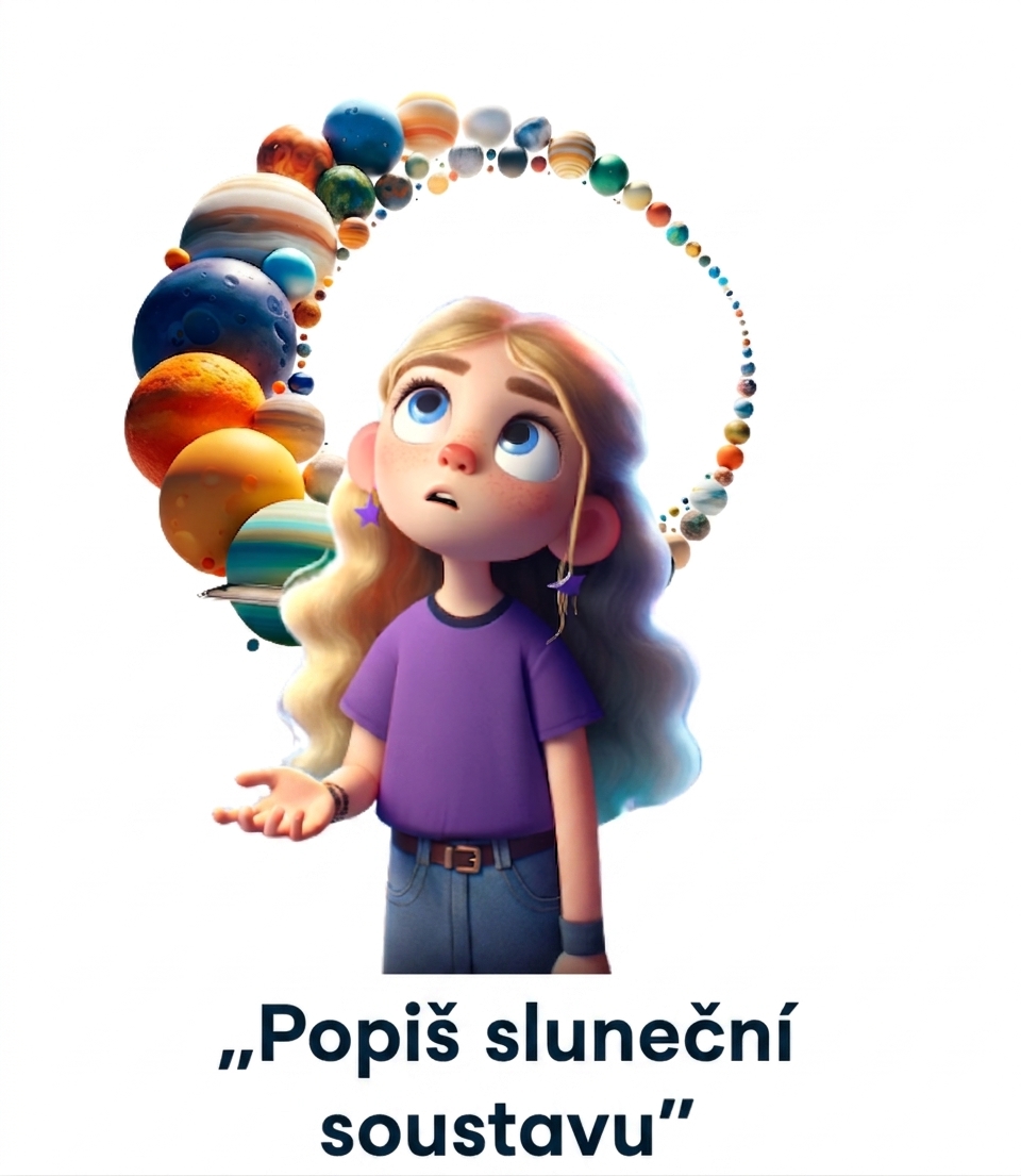 Mladá osoba s výzvou "popiš sluneční soustavu"