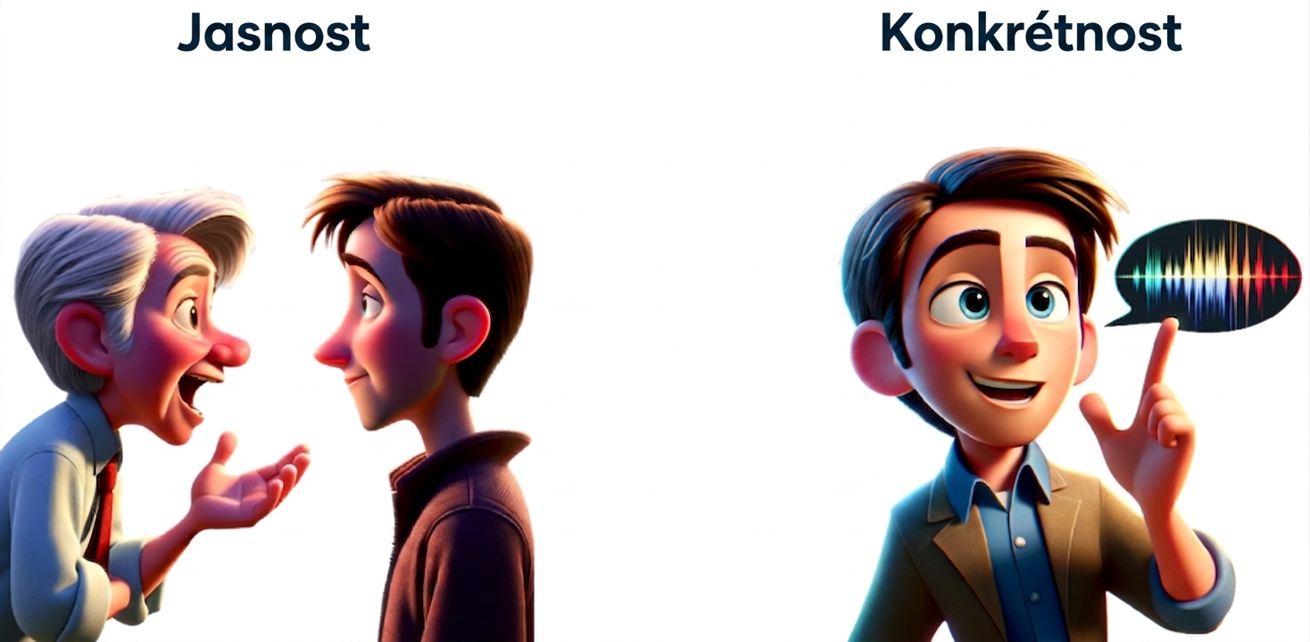 Na jedné straně dvě osoby spolu hovoří pro ilustraci jasnosti, na druhé straně osoba s bublinou pro ilustraci specifičnosti