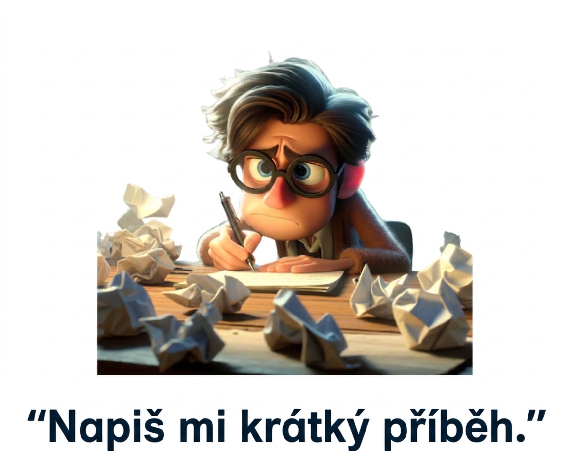 Zmatená a unavená osoba s promptem 'napiš mi krátký příběh'