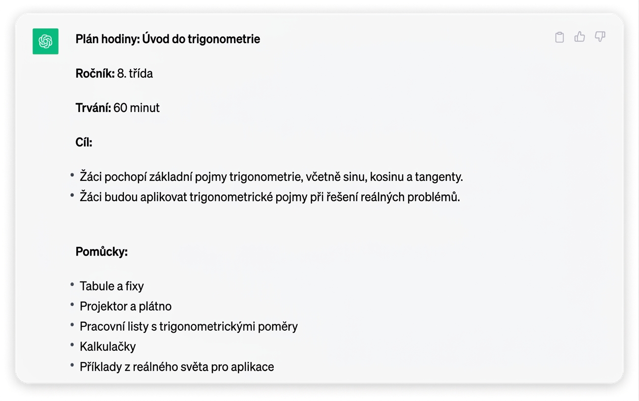 Snímek obrazovky podrobného plánu hodiny vygenerovaného nástrojem ChatGPT