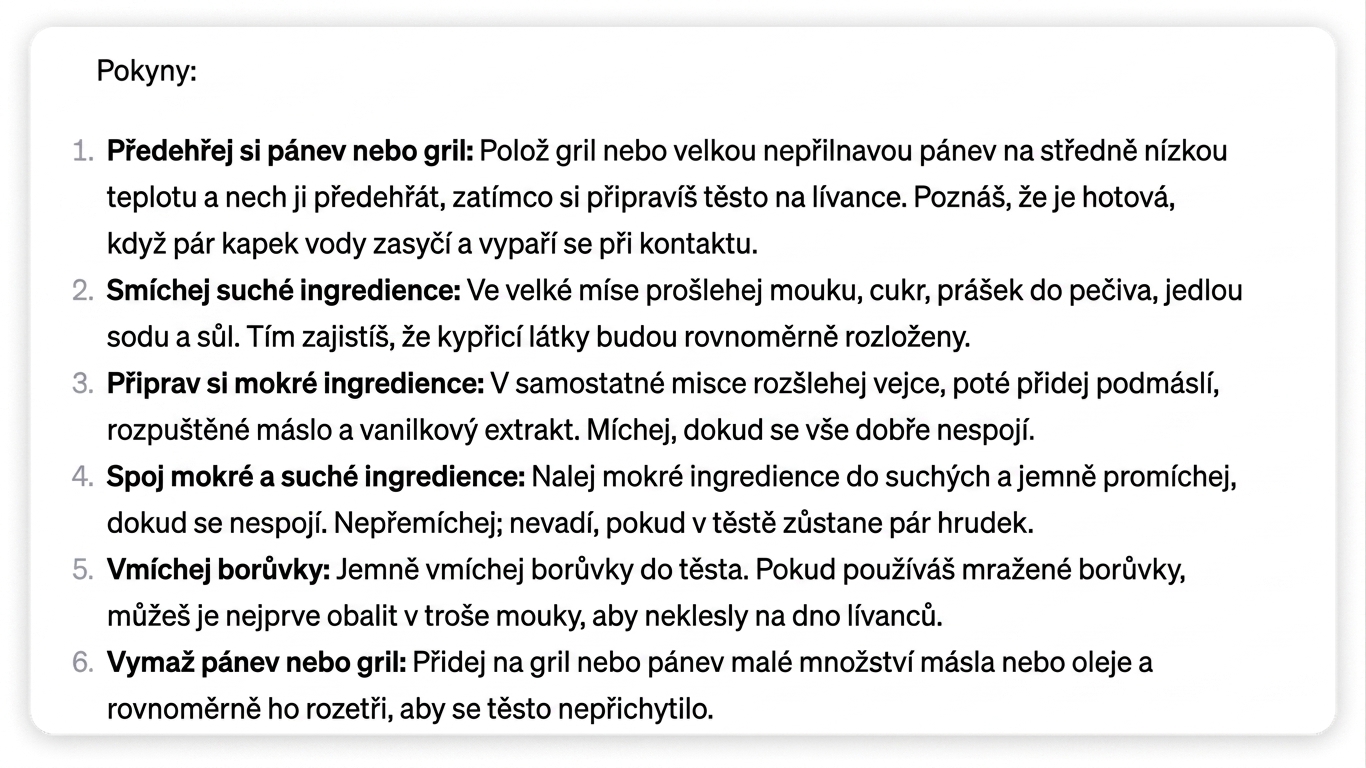Odpověď ChatGPT na výpis kroků přípravy dokonalých borůvkových palačinek
