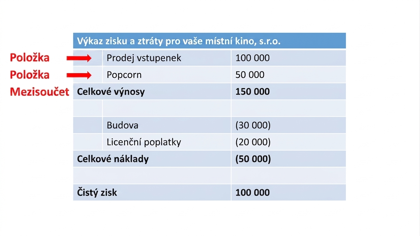 výkaz zisku a ztráty s řádkovými položkami a mezisoučty výnosů zvýrazněnými