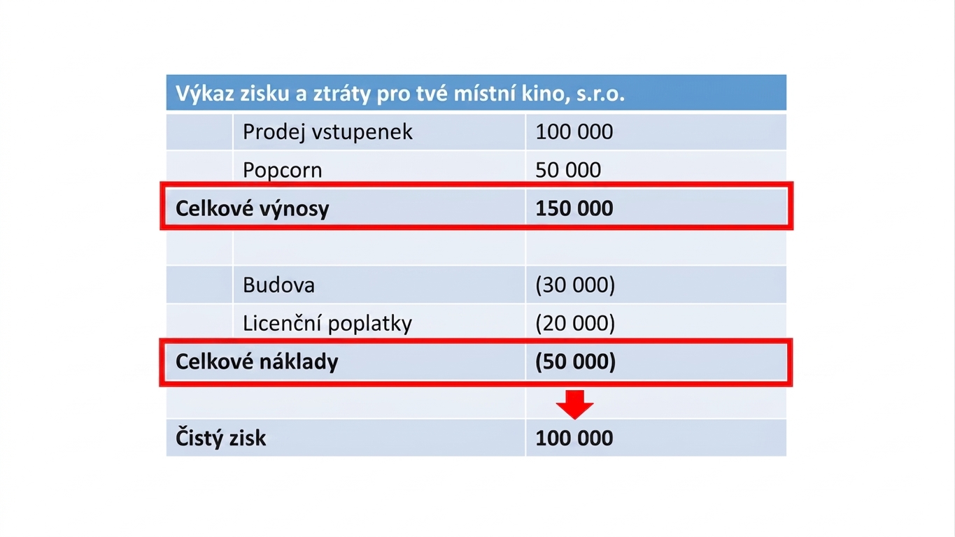 výkaz zisku a ztráty se zvýrazněným výpočtem čistého zisku