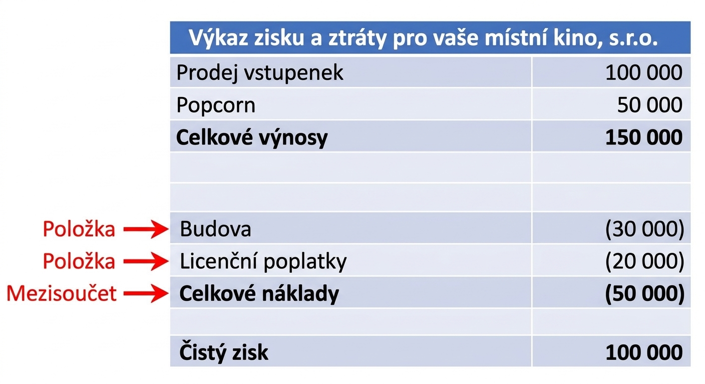 výkaz zisku a ztráty s řádkovými položkami a mezisoučty výnosů zvýrazněnými