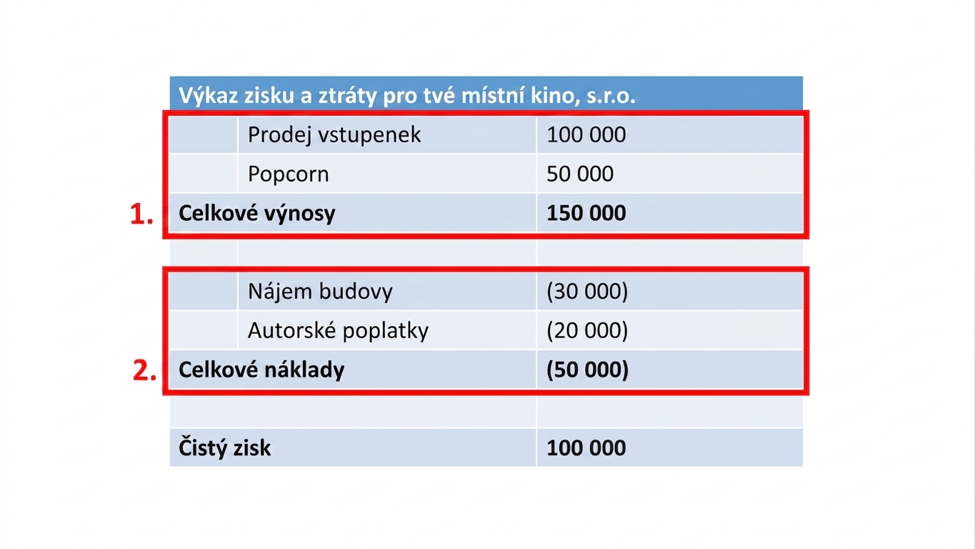 příklad výkazu zisku a ztráty s výnosy a náklady zvýrazněnými červeně
