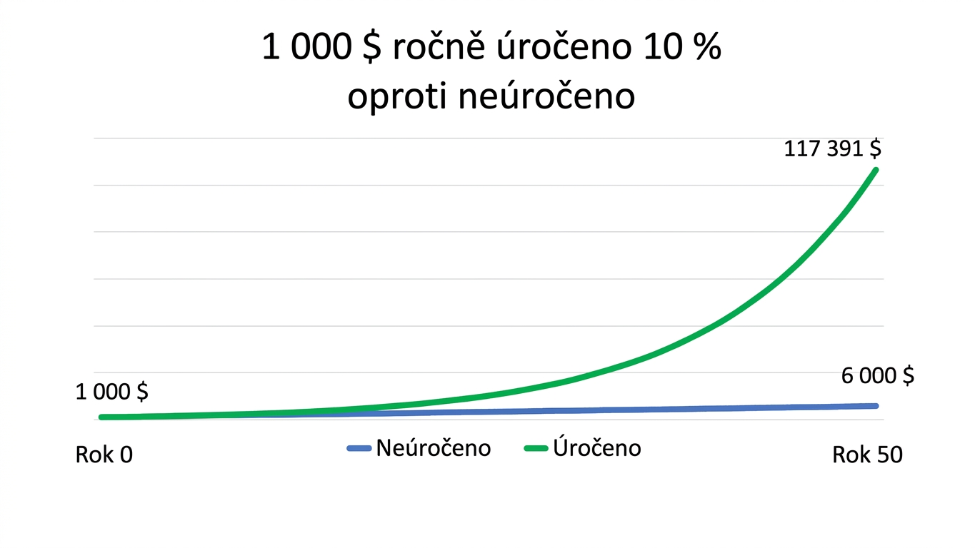 graf znázorňující rozdíl mezi 1 000 USD složeně úročenými ročně a bez složeného úročení po dobu 50 let