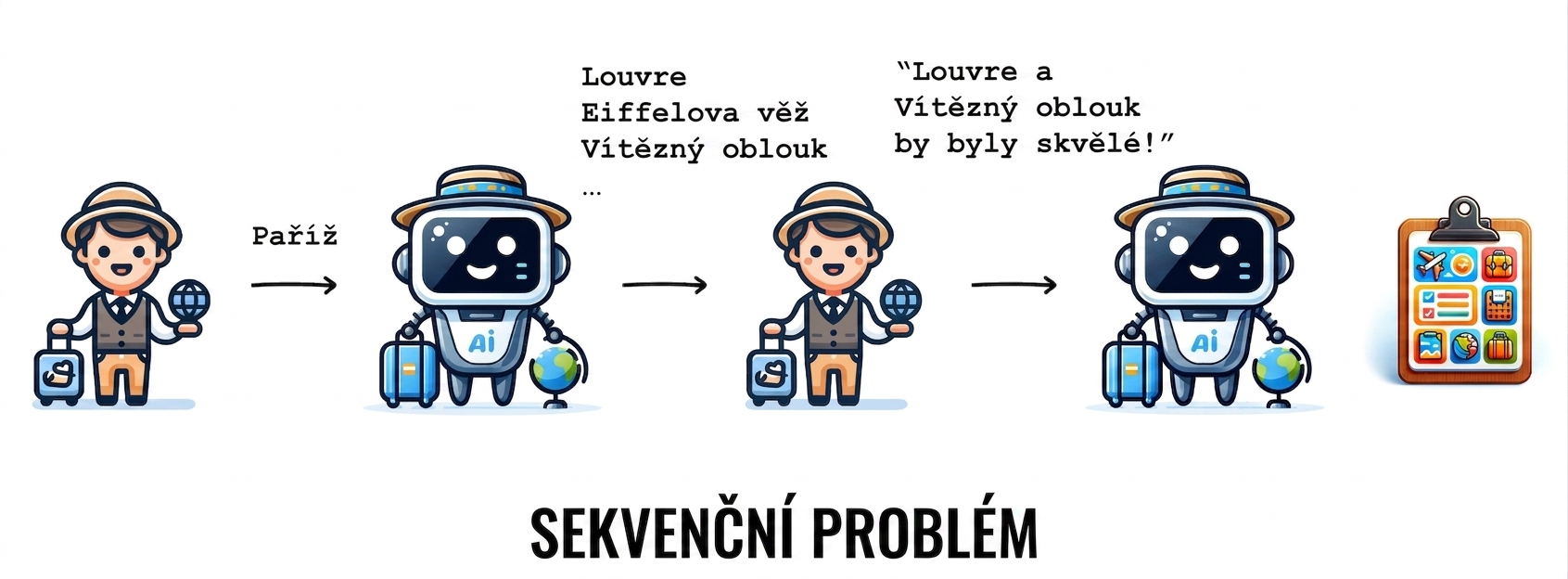 Tento pracovní postup plánování cestovního itineráře je příkladem sekvenčního problému.