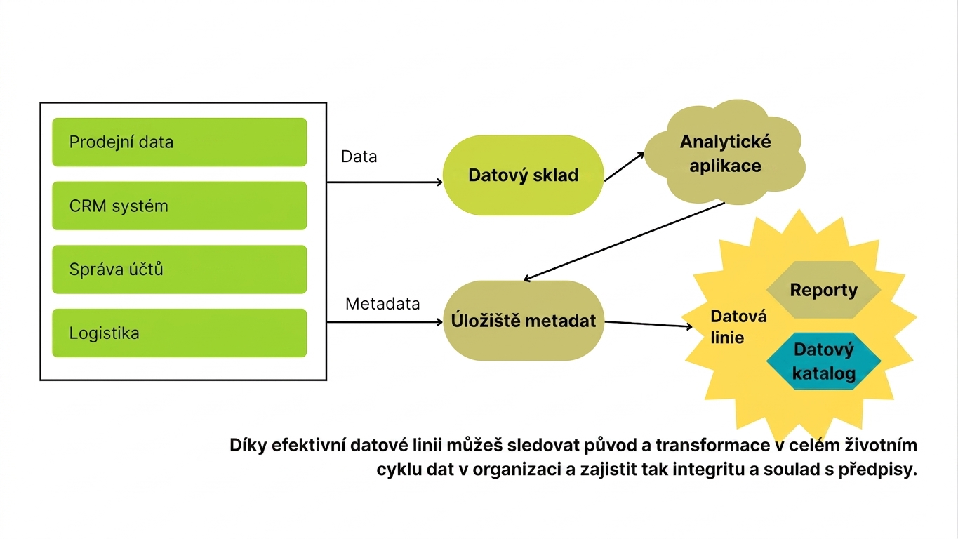 Systémová data vlevo transformovaná do reportů a datových katalogů prostřednictvím správy metadat