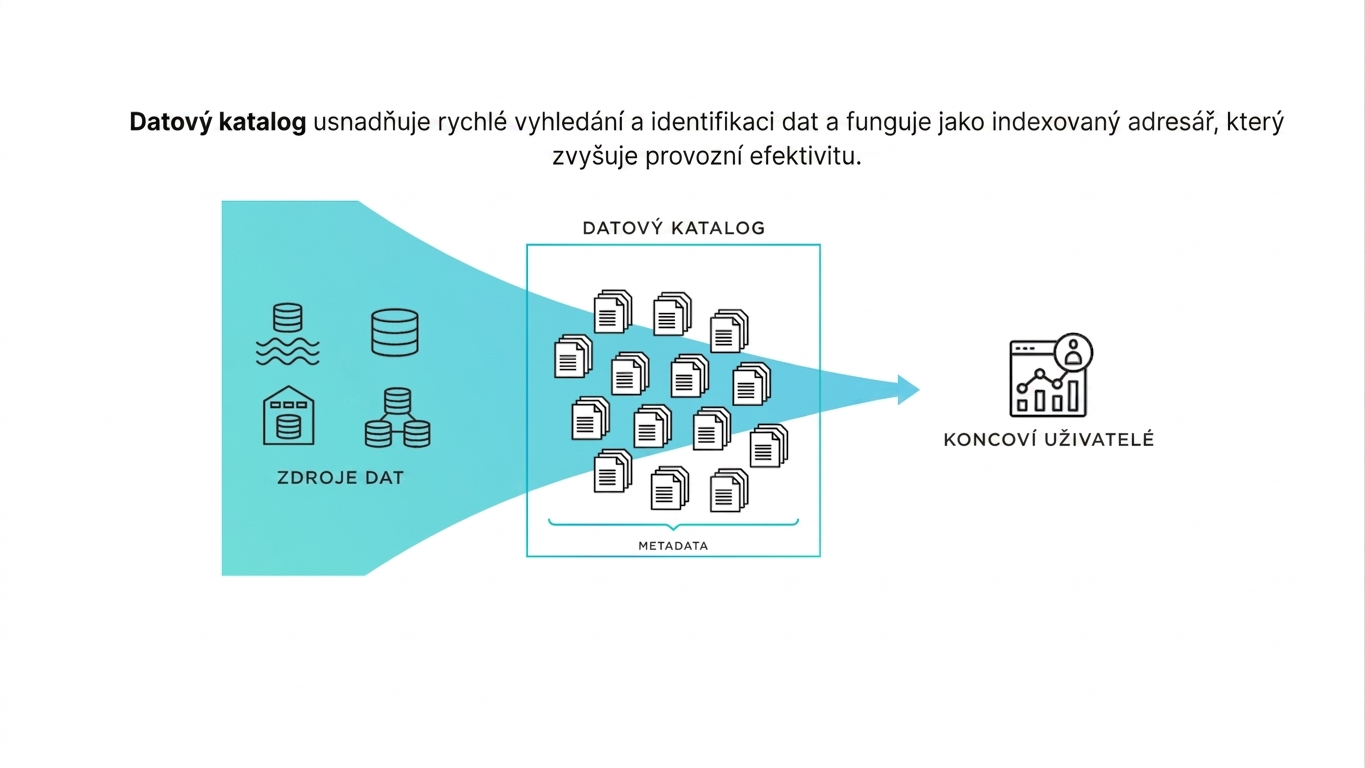 Různorodé datové systémy vlevo uspořádané do přehledného zásobníku uprostřed s šipkou vedoucí ke koncovému uživateli vpravo