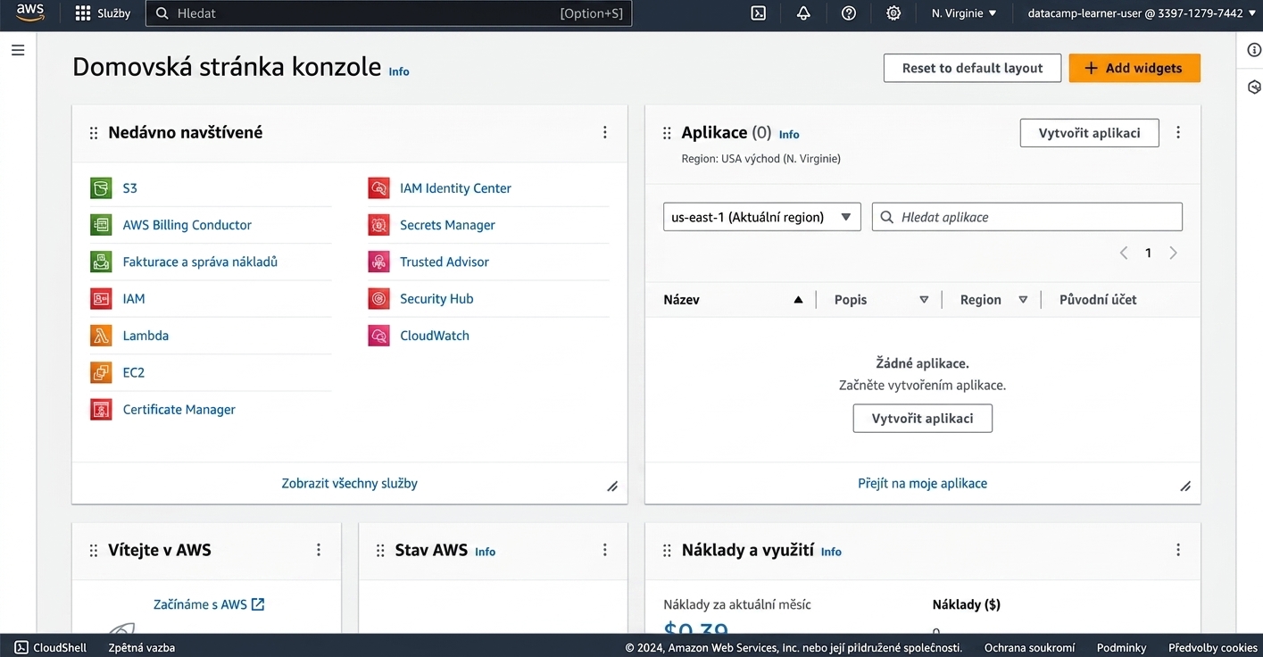 Úvodní stránka AWS v sandboxu
